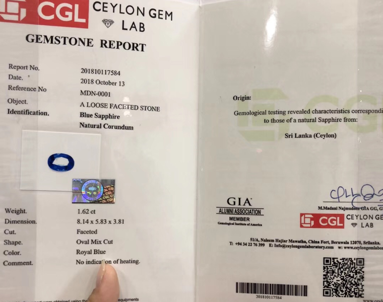 Natural Sapphire Certificate, Unheated Sapphire Report(CGL)