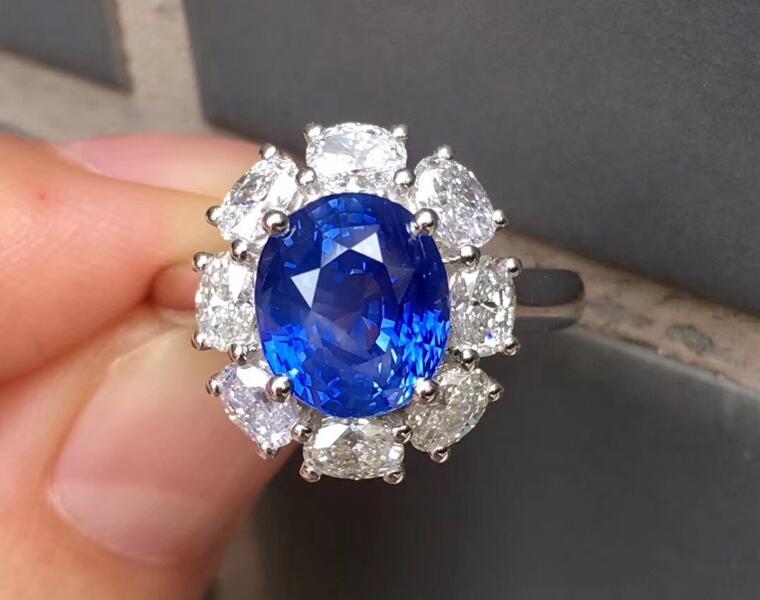 Royal Blue Sapphires Ring with Diamond Halo Setting